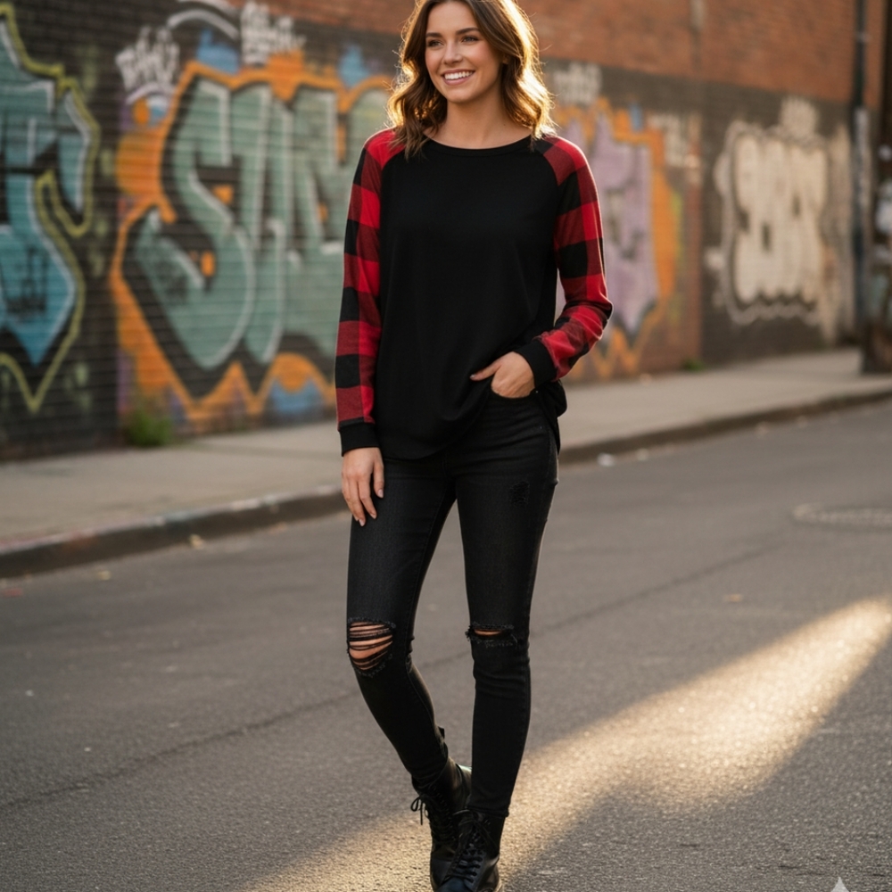 Aifer Red and Black Plaid sleeves top